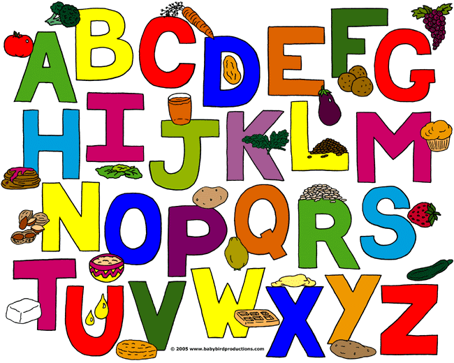 This healthy foods alphabet picture appears on children's clothing, parents' clothing and gifts.