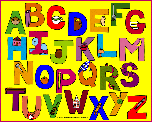 This alphabet picture of everyday objects appears on children's clothing, parents' clothes and gifts.