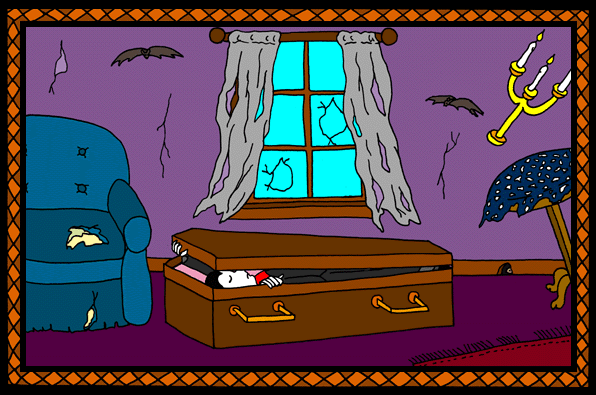 Children's stories and fairy tales from Baby Bird Productions. Children's free game illustration. In a shabby room with bats, a vampire in a coffin lifts the lid