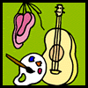Children's stories and fairy tales from Baby Bird Productions. Logo for a parents' free educational tip sheet on ways to help children develop their creativity. Ballet slippers, paints and a guitar.
