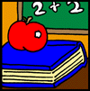 Children's stories and fairy tales from Baby Bird Productions. Logo for the teachers' resources pages which provide free educational teacher classroom worksheets on a variety of academic subjects for children. A drawing of an apple, book and school room blackboard.