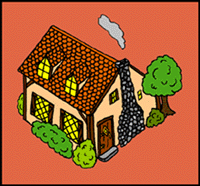 Children's stories mini art sample from a folk tale. Smoke rises from the chimney of the house.