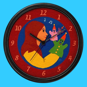 Puppeteer and her puppets wall clocks for children
