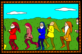 Children's stories mini art sample from a funny children's fairy tale world adventure story. The seven dwarfs pass by a hedge.