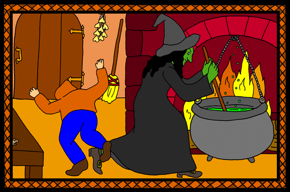 Children's stories and fairy tales from Baby Bird Productions. Big art sample from "My Day in the Haunted House." A witch trips a child.