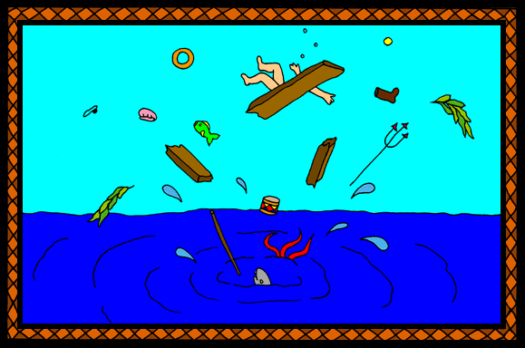 Children's stories and fairy tales from Baby Bird Productions. Big art sample from "My Day under the Sea." Debris shoots out of the sea.
