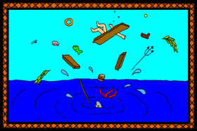Children's stories mini art sample from a funny children's underwater adventure book. Debris shoots out of the sea.