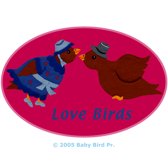 Love birds picture on children's clothing, baby clothes and gifts.