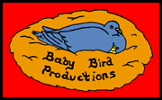 Baby Bird Productions logo of our pigeon mascot on a nest with a newly hatched chick.
