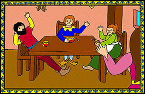 Children's stories mini art sample from a nonsexist silly English folk tale. The family waves hello.