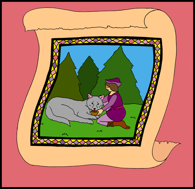 Children's stories and fairy tales from Baby Bird Productions. Big art sample from "Ten Tongue-Tying Tales of Tenderness." A woodsman helps a wolf.