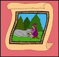 Children's stories mini art sample from a children's counting story about kindness to animals. A woodsman helps a wolf.