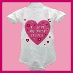 Twins' Children's Clothing: "I Love My Twin Sister" baby clothes.