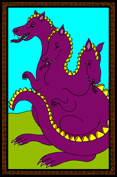 Children's stories and fairy tales from Baby Bird Productions. Big art sample from "The Wicked Wizard and the Dastardly Dragon of the Three Horrible Heads." The dragon roars with all three of his horrible heads.