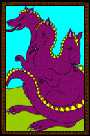 Children's stories mini art sample from a funny nonsexist children's story. A three-headed dragon roars.